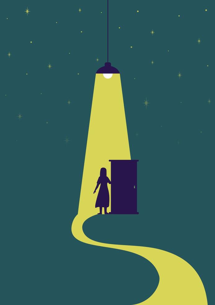 Aesthetic illustration of young dreaming woman. Dressed girl and door under a lamp light at night vector