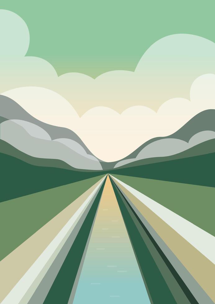 Aesthetic landscape with river in field illustration. Minimalist cloudy mountains print bohemian artwork vector