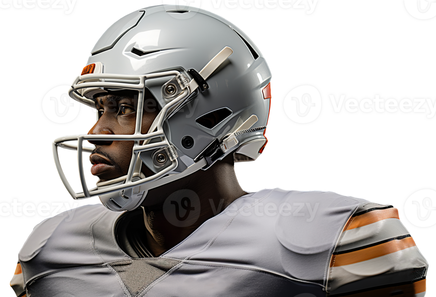 AI generated American football player in a white uniform in profile. He turned his head to the right. Head and shoulders in the frame. Isolated on transparent background png