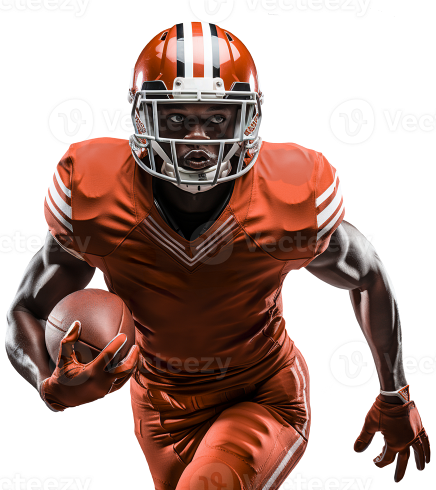 AI generated A black American football player in an orange helmet and uniform runs with a ball in his right hand. Isolated on a transparent background png