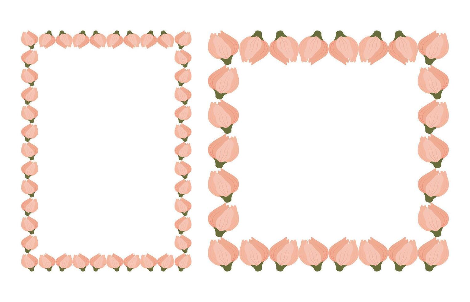 Border frame template with flourish decoration. Tulips pink purple flowers buds elements. vector