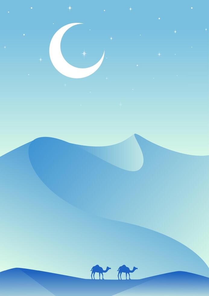 Desert blue landscape, night dunes illustration. Boho wall decor with wild camels. vector