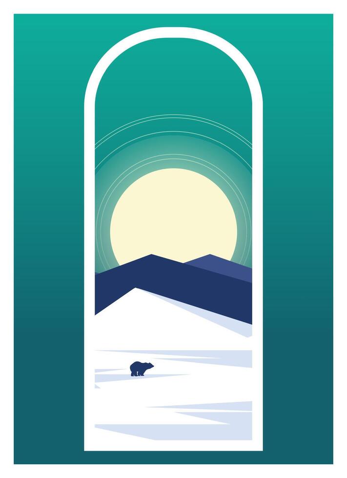 Winter landscape view with white peaks illustration. Modern art Antarctica frozen mountains vector