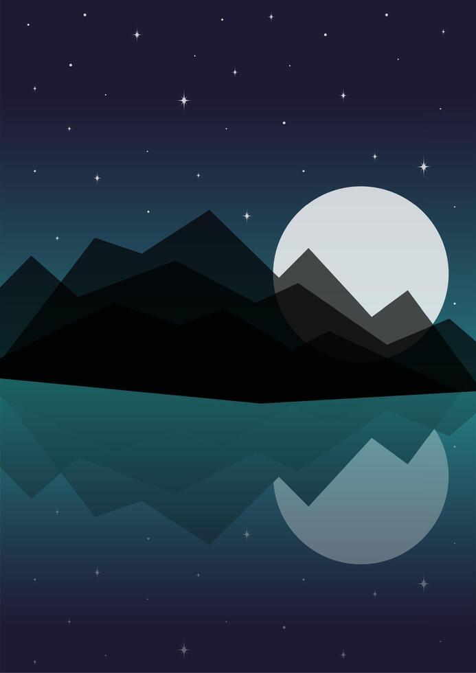 minimalista estético noche montañas paisaje. nórdico medianoche, creciente Luna vector