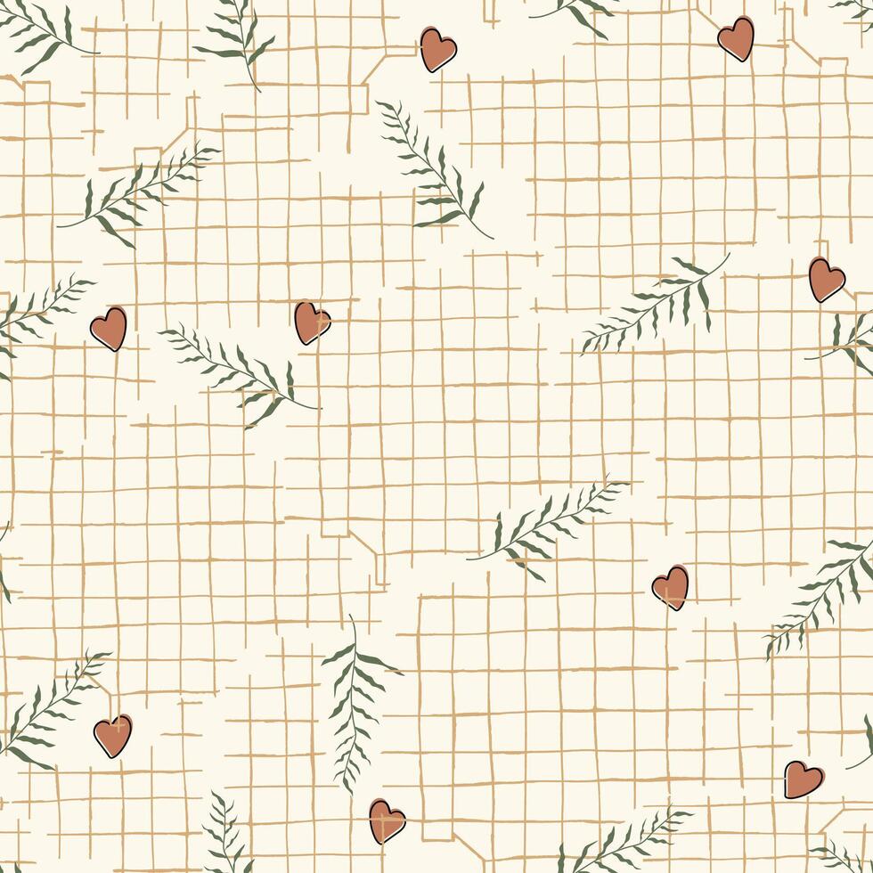Grid line wall with small hearts and branches pattern. Spring ivy plants vector illustration