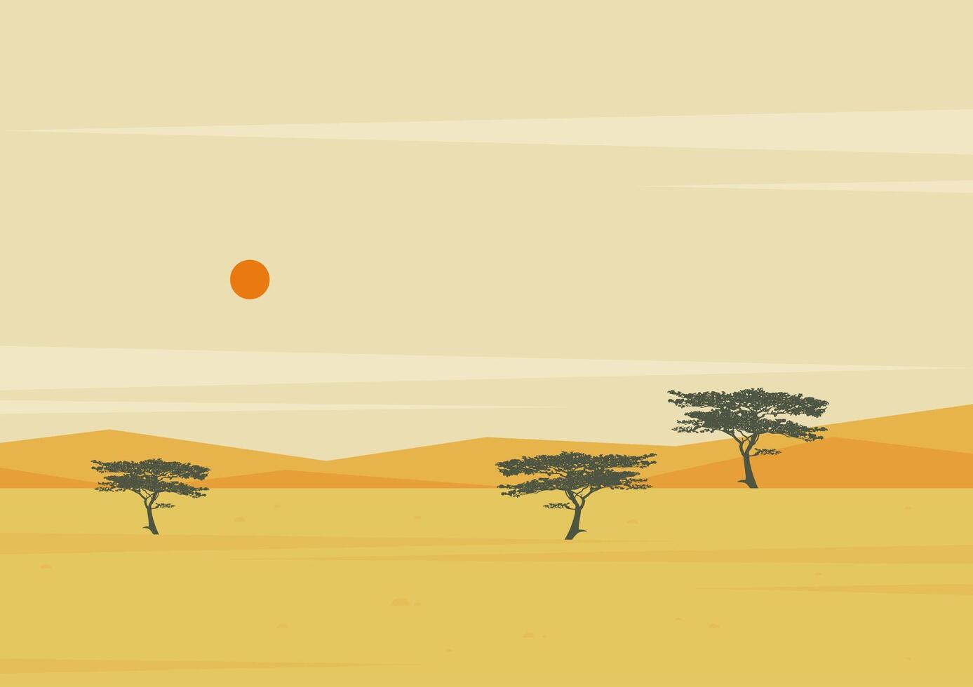 African landscape at sunset, trees and mountains Savannah wild nature, Serengeti national park. vector