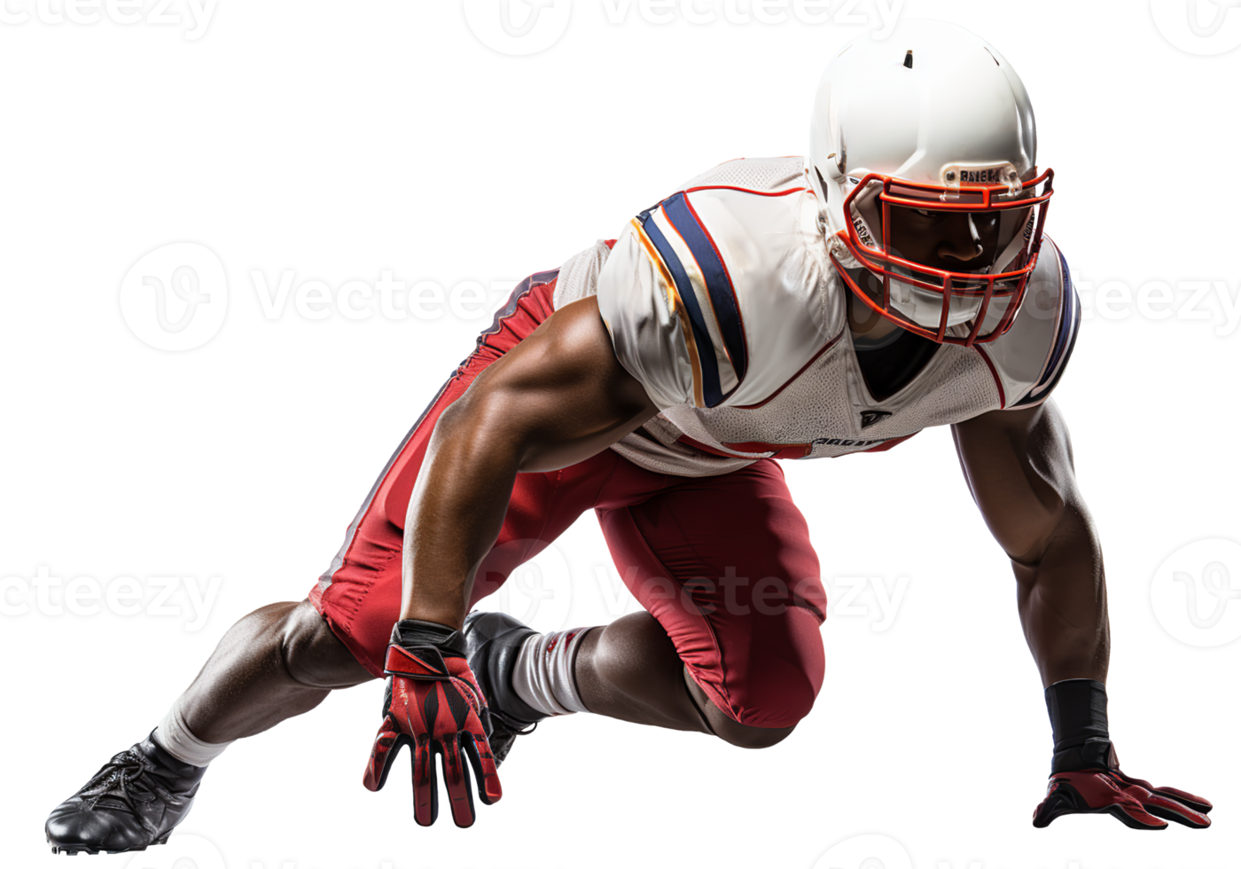 AI generated An American football player in a red and white uniform and a helmet at the start before the race. Isolated transparent background png