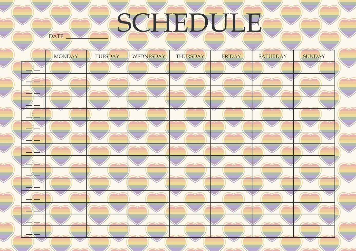Schedule colorful hearts design. Categories of notes. Personal organizer for students. vector