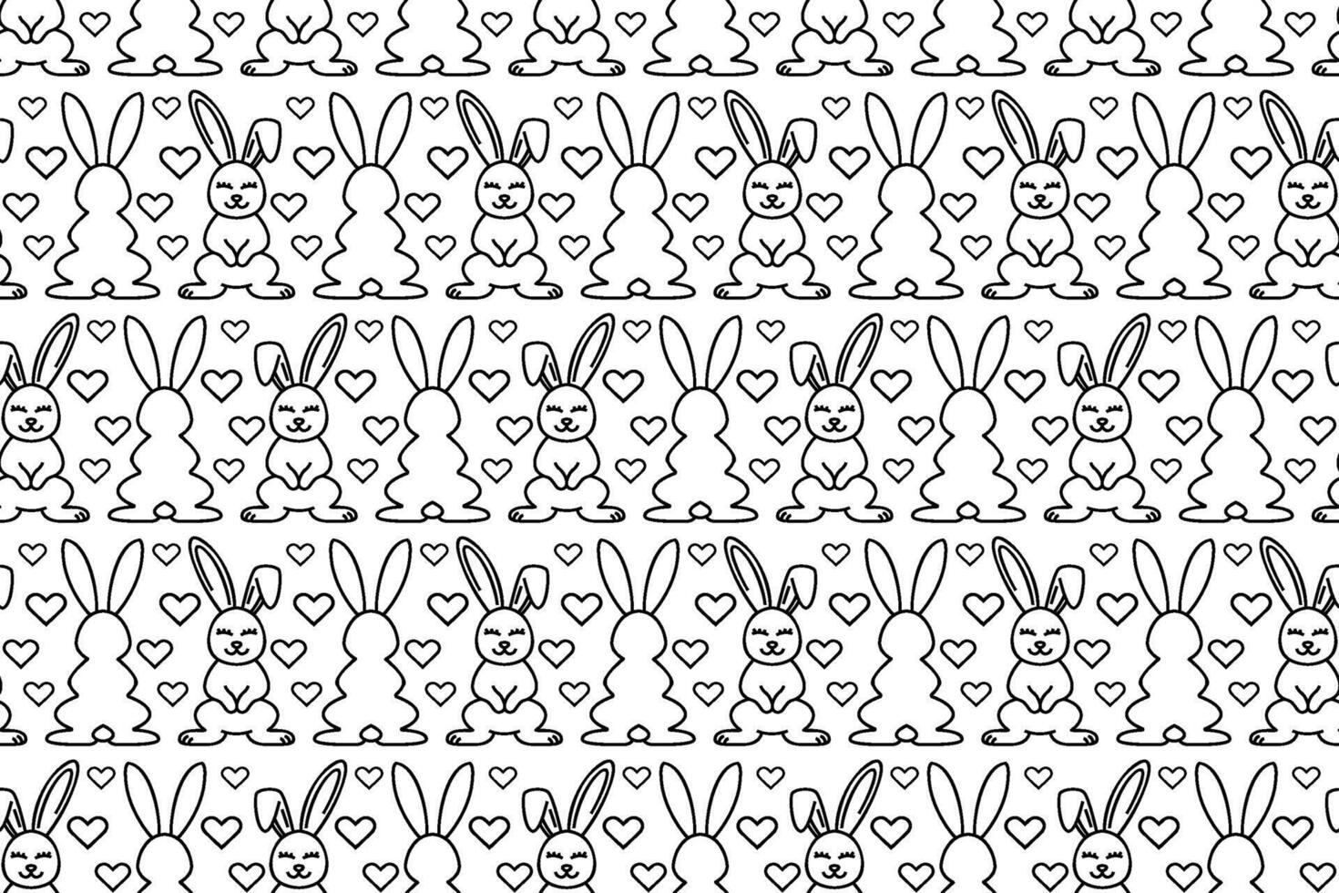 Line art bunnies seamless pattern. Repeating pattern with outline cute rabbits and hearts. vector