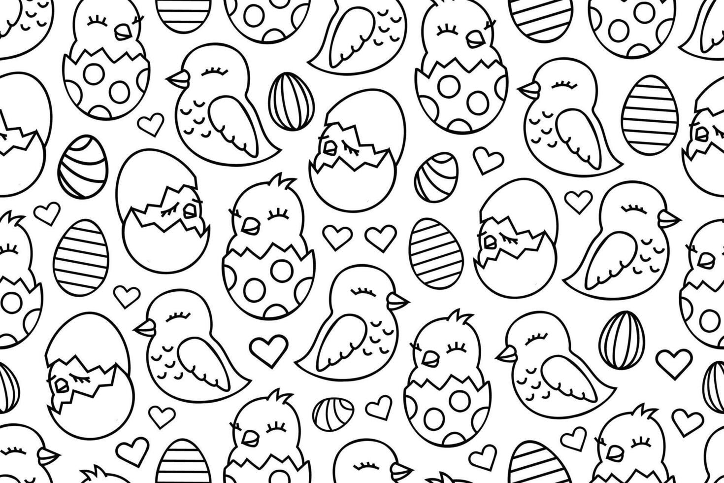 Line art newborn chickens seamless patterns. Chickens from cracked eggs repeating pattern. vector