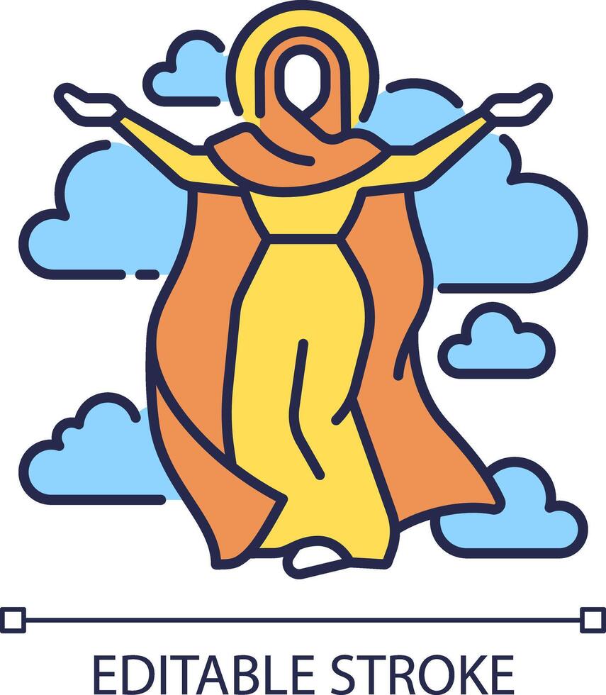 Ascended virgin mary RGB color icon. Assumption of Mary to heaven after earthly life. Immaculate mother of God. Isolated vector illustration. Simple filled line drawing. Editable stroke