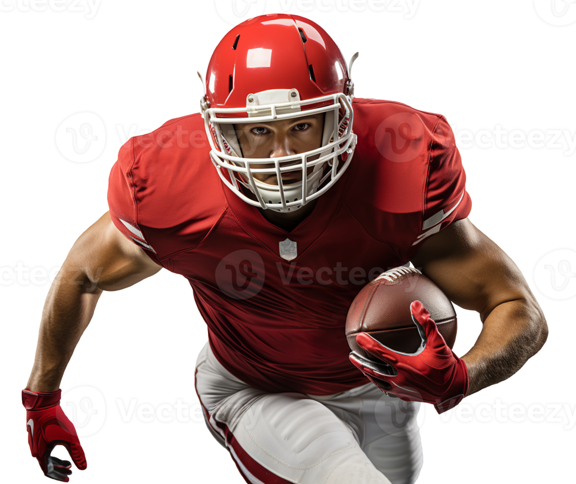 AI generated An American football player runs with a ball in a red and white uniform. Isolated on a transparent background png