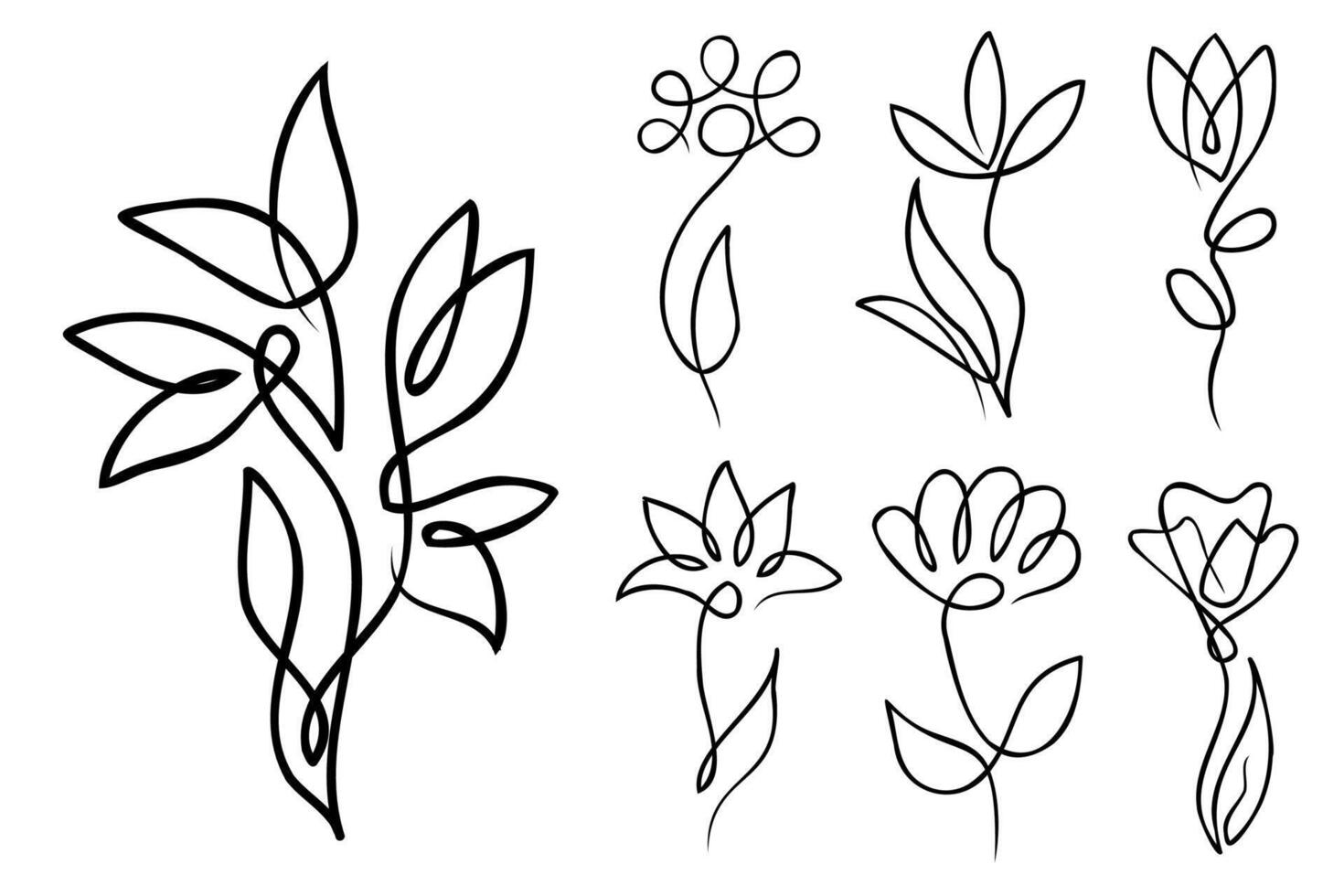 Line art floral set. Flowers drawn with one line. Continuous thin line flower illustrations collection. vector