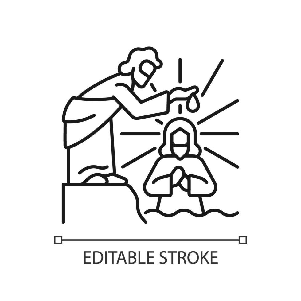 Baptism of Jesus linear icon. Traditional ritual. River Jordan. Jesus Christ and John the baptist. Biblical scene. Thin line illustration. Contour symbol. Vector outline drawing. Editable stroke