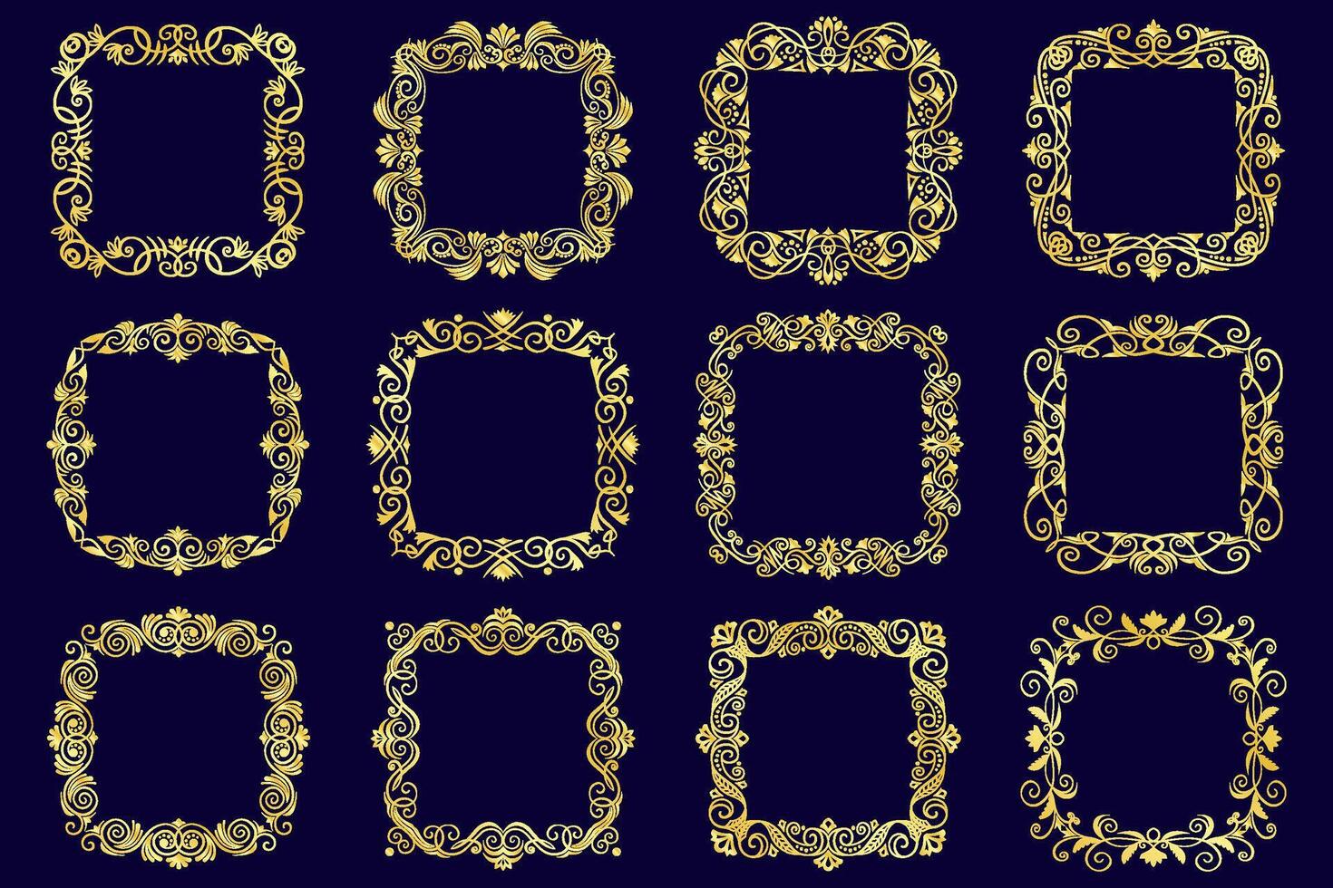 Abstract golden vintage frames set. Collection of shining elegant and luxury golden borders. vector