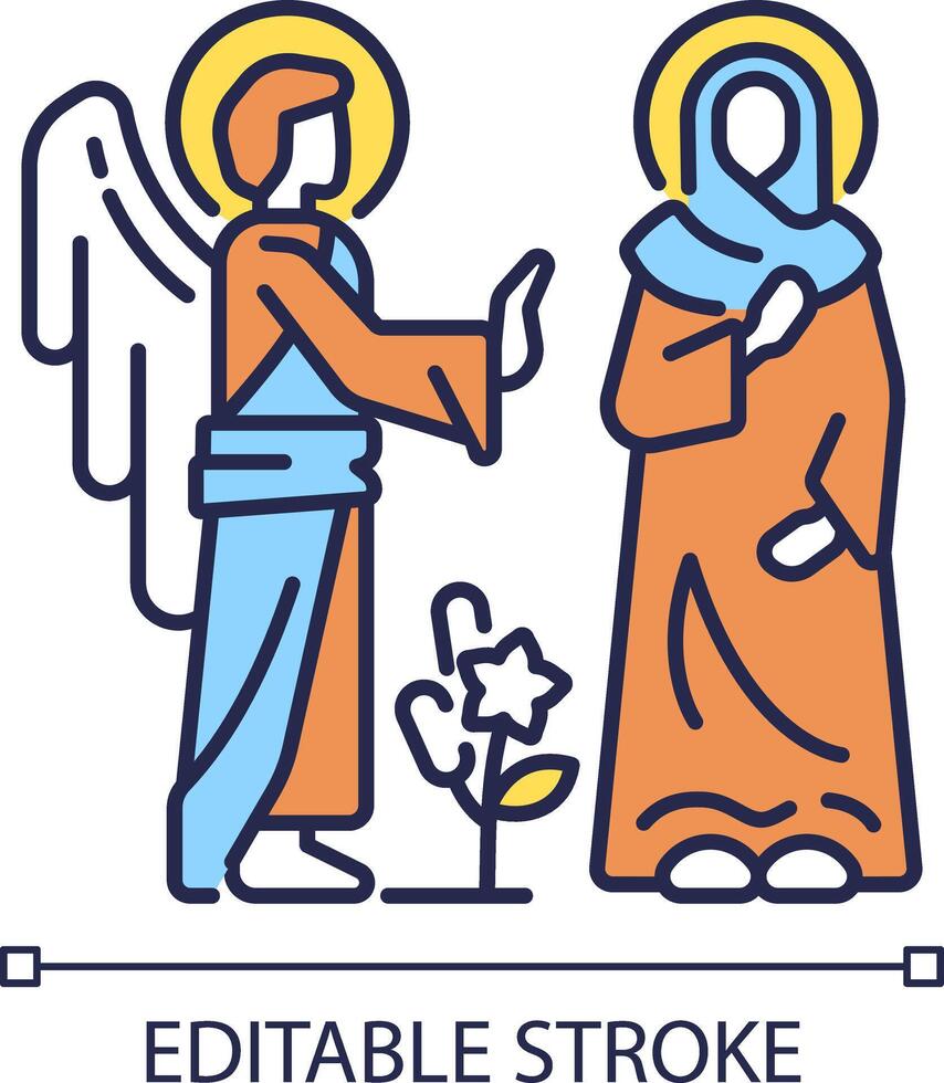 Annunciation RGB color icon. Virgin Mary with Angel Gabriel. Mary becomes mother of Jesus Christ. Biblical scene. Isolated vector illustration. Simple filled line drawing. Editable stroke