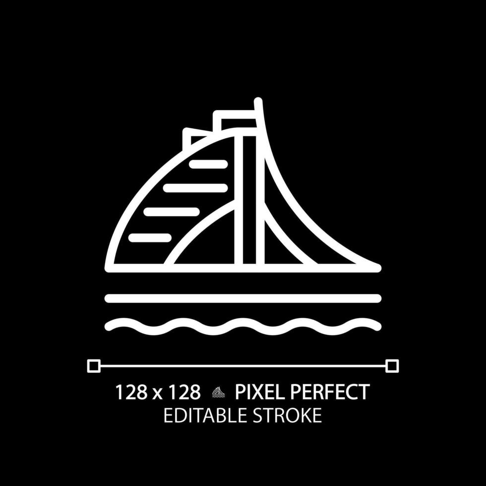 Arabic worldwide famous beach hotel white linear icon for dark theme. Unique luxury resort landmark. World class architecture. Thin line illustration. Isolated symbol for night mode. Editable stroke vector