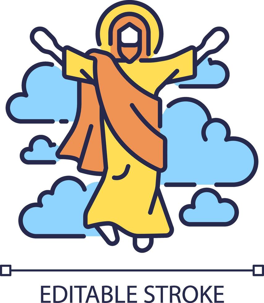 Ascension of Jesus RGB color icon. Jesus ascended to Heaven. Christian scripture. New testament. Religious miracle. Isolated vector illustration. Simple filled line drawing. Editable stroke