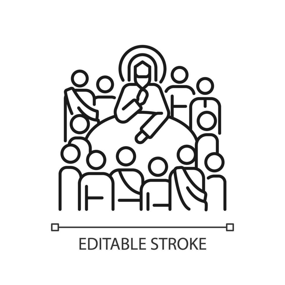 Last Supper linear icon. Jesus Christ and twelve apostles. Holy communion. New testament. Biblical scene. Thin line illustration. Contour symbol. Vector outline drawing. Editable stroke