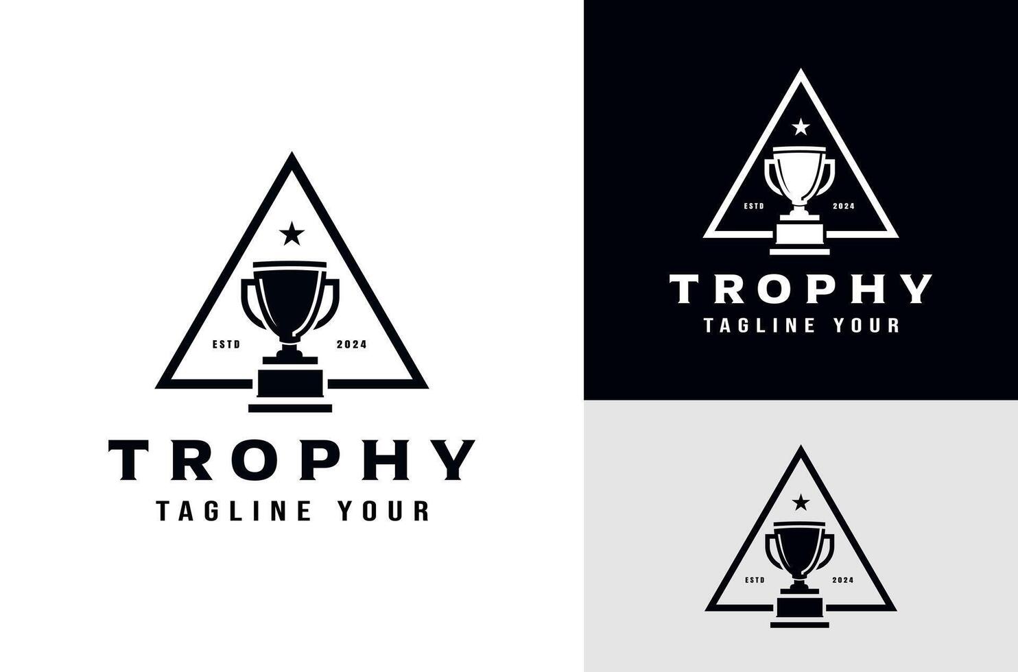 Championship Trophy with Simple Triangle Label Design behind Trophy, Winning Symbol Award Place icon on Dark and White Background vector