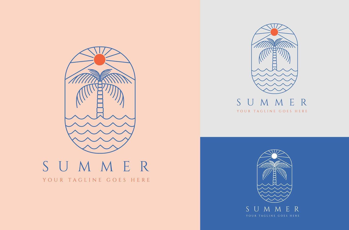 verano logo diseño en de moda lineal estilo con palma árbol y brillante Dom Clásico diseño vector