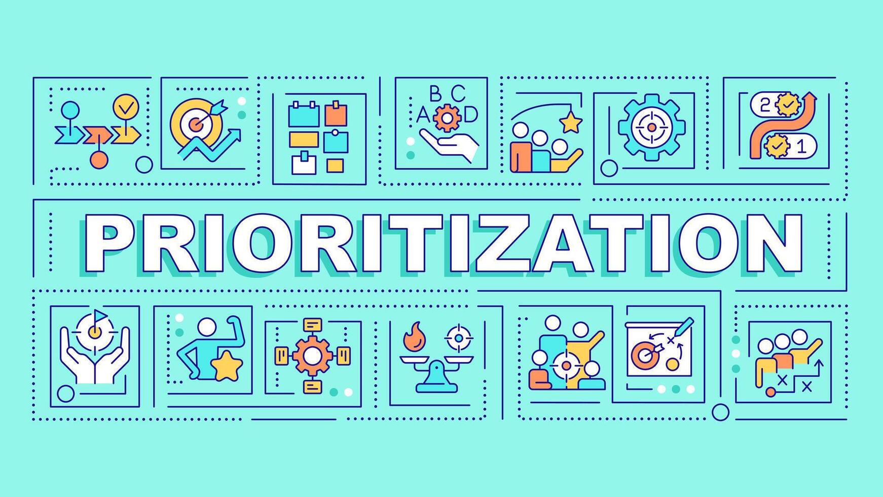 Prioritization turquoise word concept. Time management. Focus control. Typography banner. Flat design. Vector illustration with title text, editable line icons. Ready to use