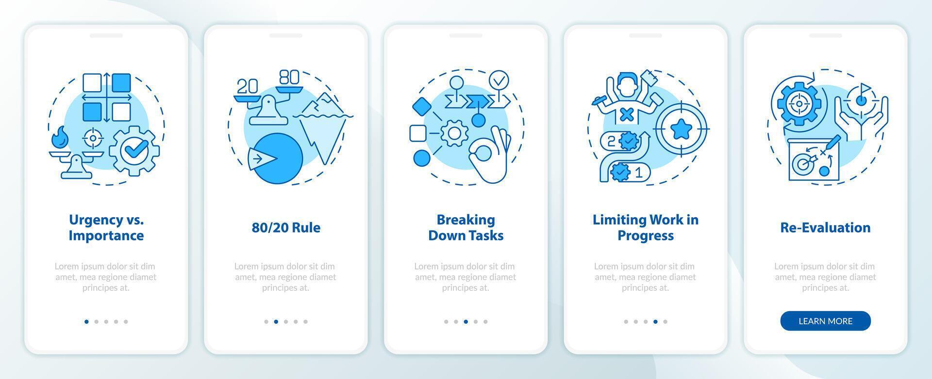 priorización principios azul inducción móvil aplicación pantalla. recorrido 5 5 pasos editable gráfico instrucciones con lineal conceptos. ui, ux, gui modelo vector