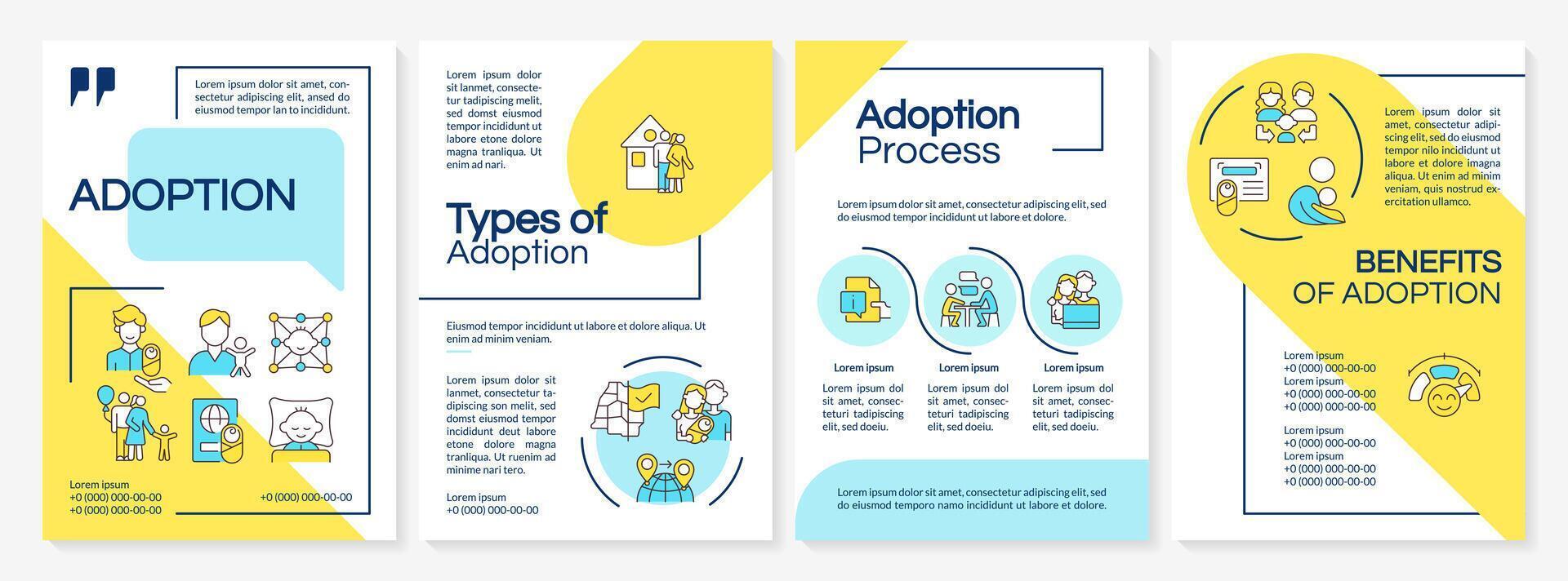 Adoption blue and yellow brochure template. Becoming parents. Leaflet design with linear icons. Editable 4 vector layouts for presentation, annual reports