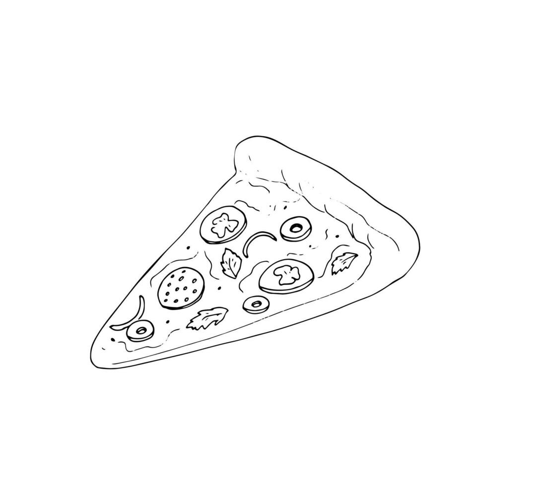 Hand-drawn pizza slice. Pizza with salami, tomato, olives, basil leaf, and melted cheese. Fast food isolated illustration. vector