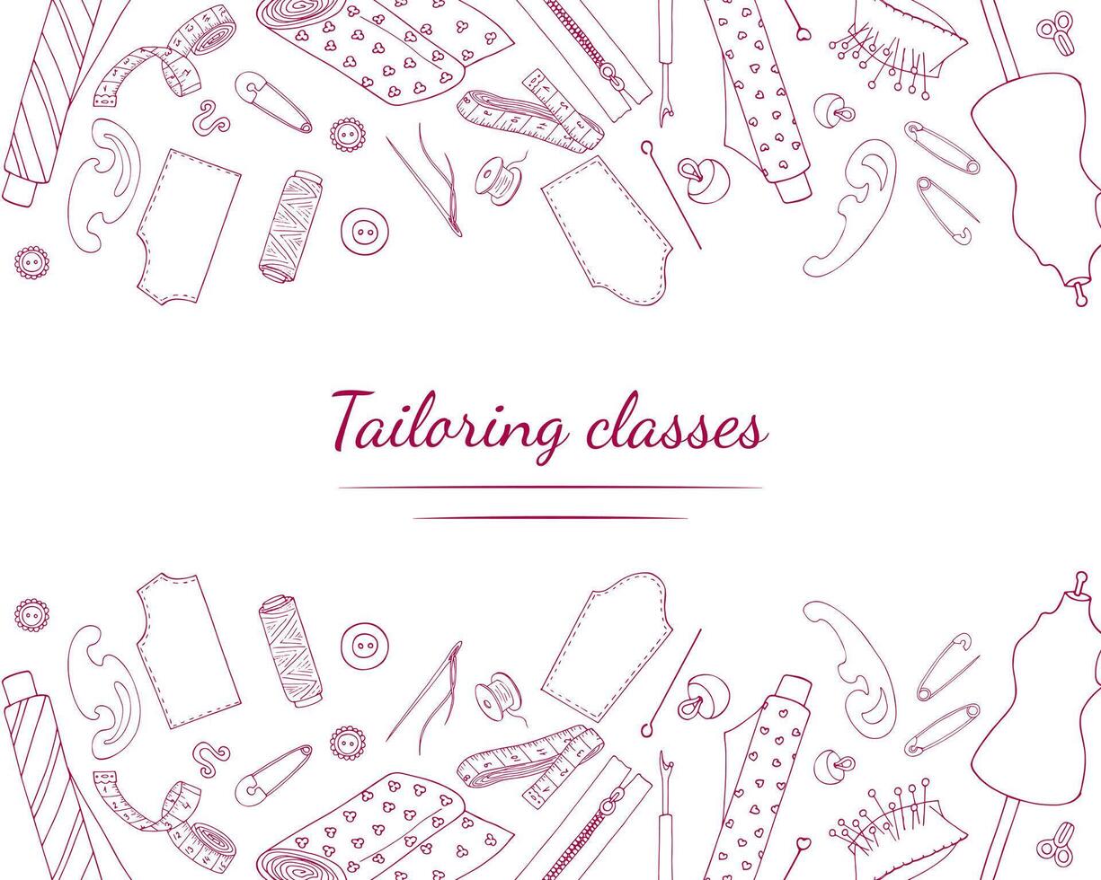 Tailoring courses banner template. Hand-drawn sewing elements. Sewing course for beginners. Craft concept for sewing classes. Sewing tools, and supplies. Needlework, Tailoring Education. vector