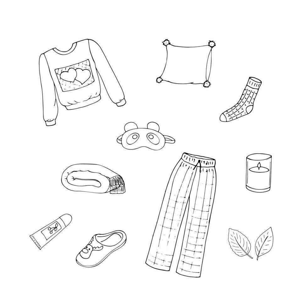 Bedtime bedroom design elements. Hand-drawn good night symbols.  Sleep doodle set. Vector illustration isolated on white background.