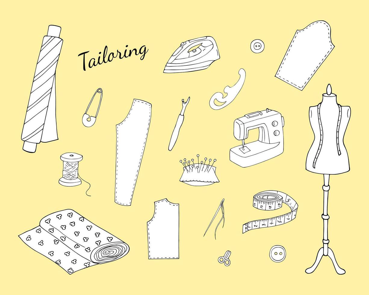 Hand drawn sewing tools set. Tailors accessories, supplies, and equipment. Set of measuring tape, sewing machine, thread, thimble, needle, buttons, pins, scissors, iron appliance, and mannequin. vector
