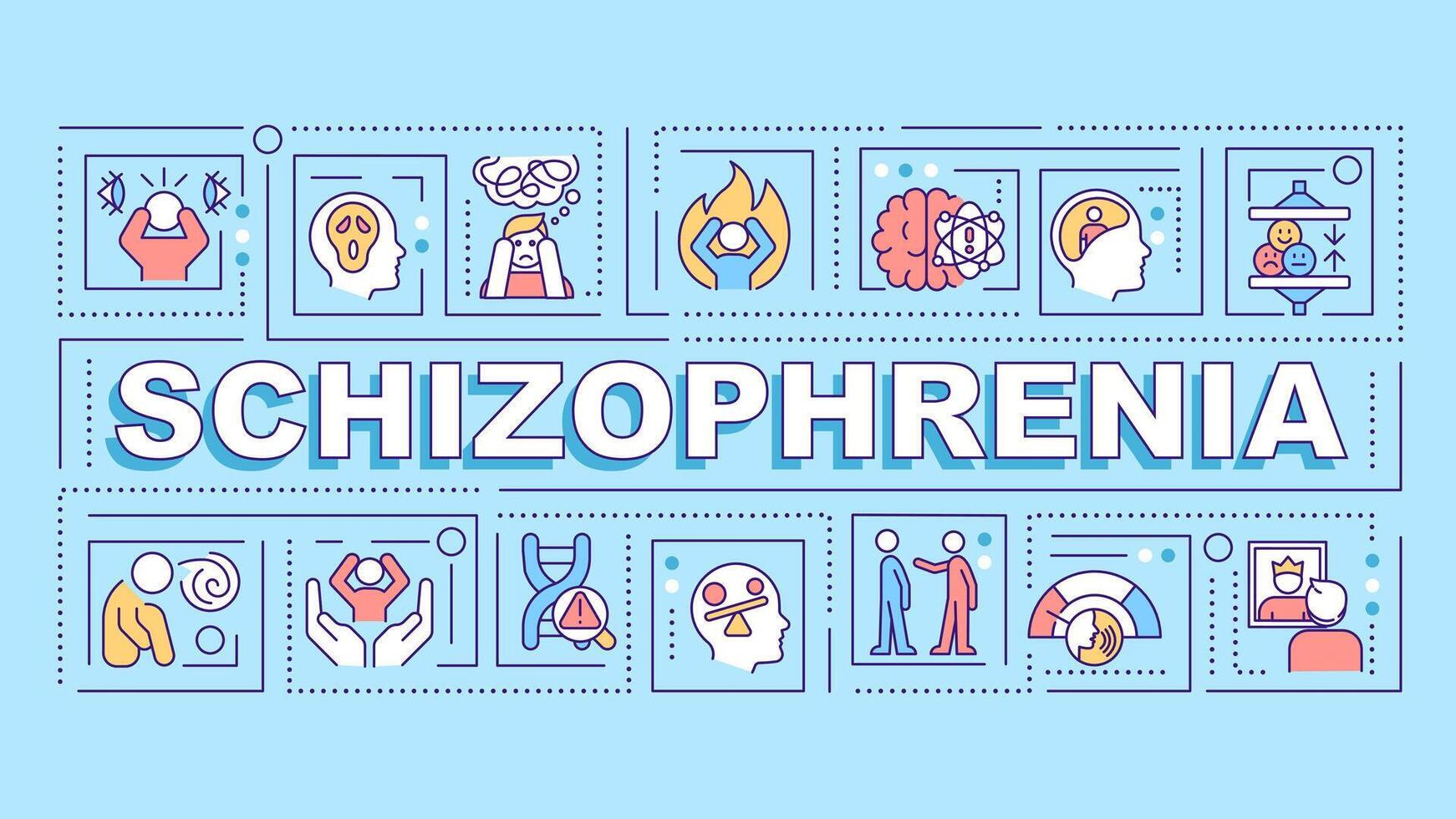 Schizophrenia turquoise word concept. Genetic disorder, brain illness. Typography banner. Flat design. Vector illustration with title text, editable line icons. Ready to use