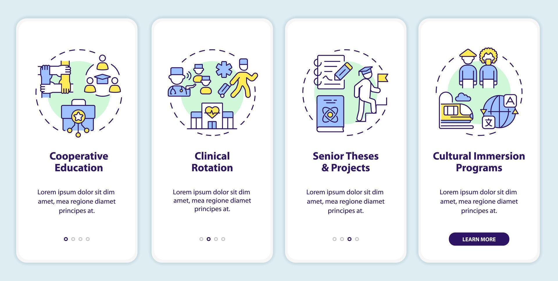 Experiential education types onboarding mobile app screen. Activities walkthrough 4 steps editable graphic instructions with linear concepts. UI, UX, GUI template vector