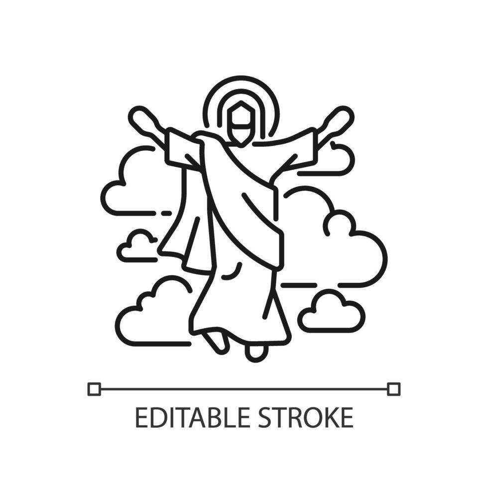 Ascension of Jesus linear icon. Jesus ascended to Heaven. Christian scripture. New testament. Religious miracle. Thin line illustration. Contour symbol. Vector outline drawing. Editable stroke