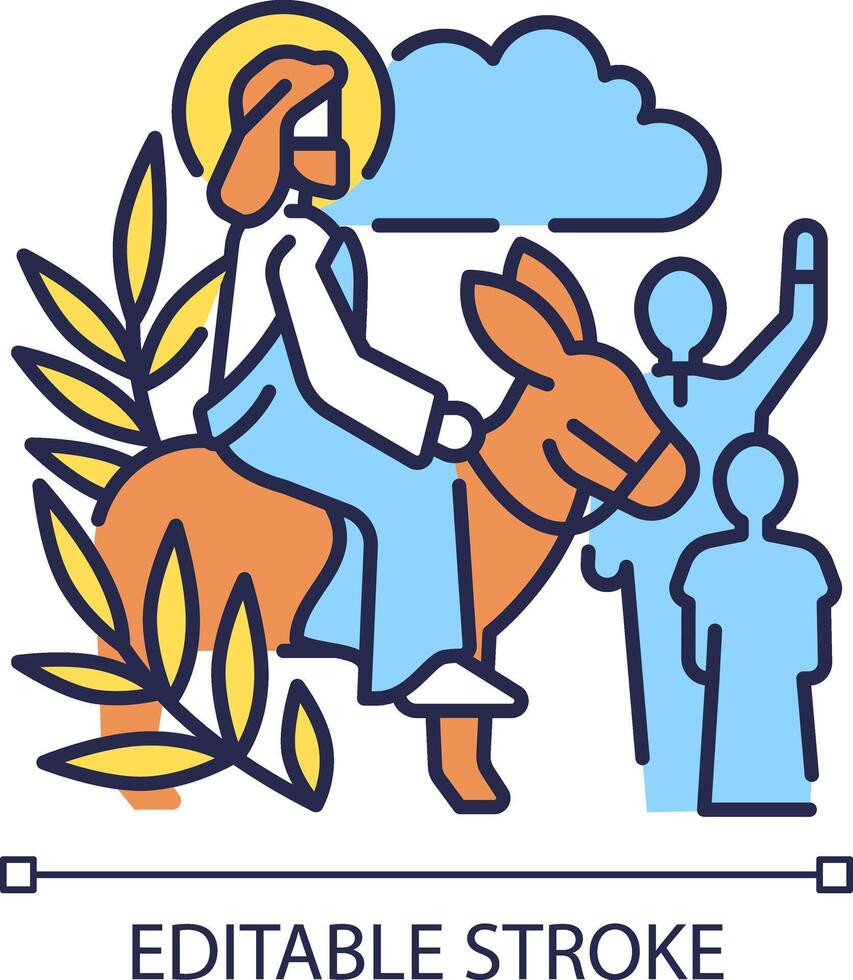 Triumphal entry into Jerusalem RGB color icon. Palm Sunday. Start of holy week. Jesus Christ riding donkey. Isolated vector illustration. Simple filled line drawing. Editable stroke