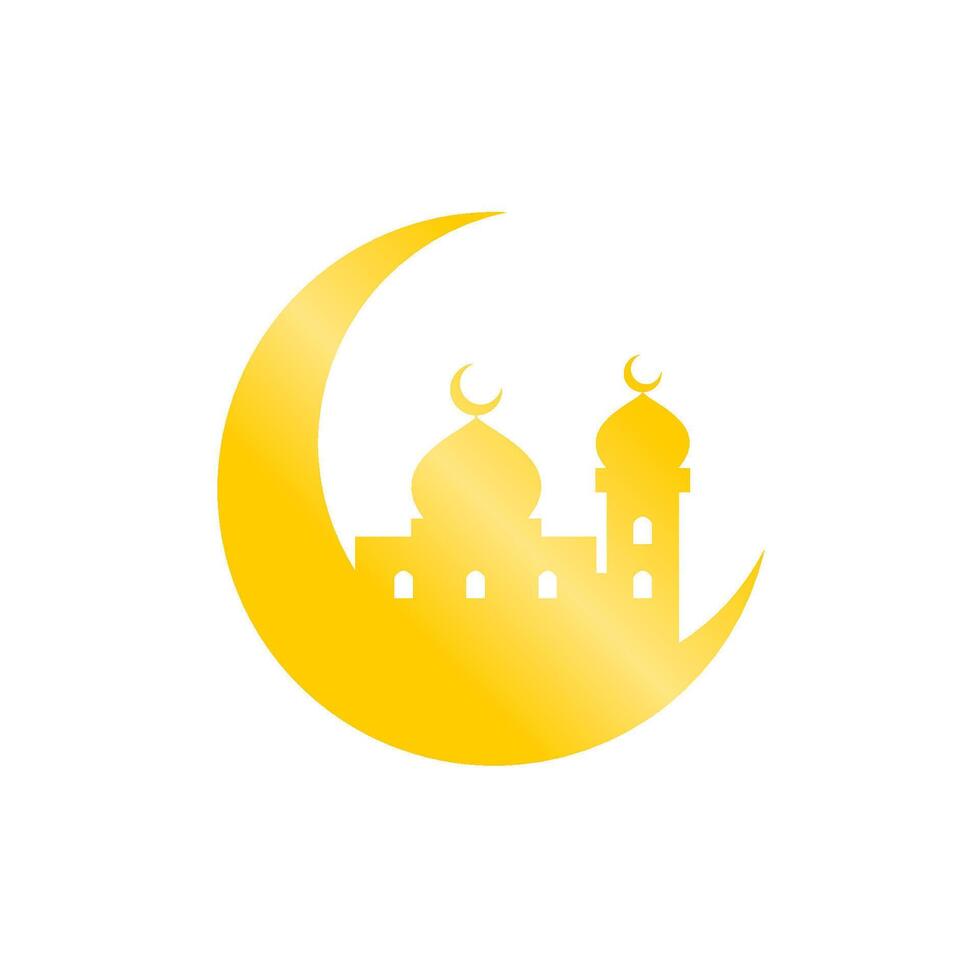 Mosque and Crescent Islamic Symbol. Gold and Shiny Vector Illustration.
