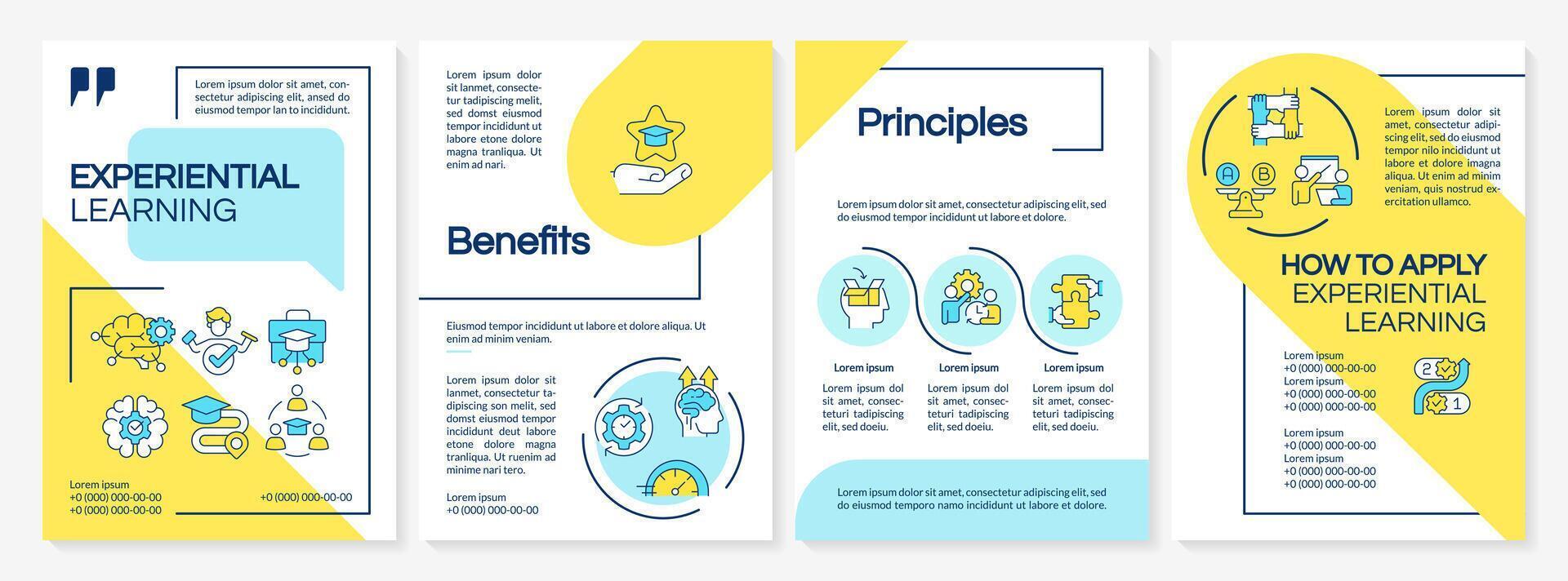 las manos en educación azul y amarillo folleto modelo. práctica. folleto diseño con lineal iconos editable 4 4 vector diseños para presentación, anual informes