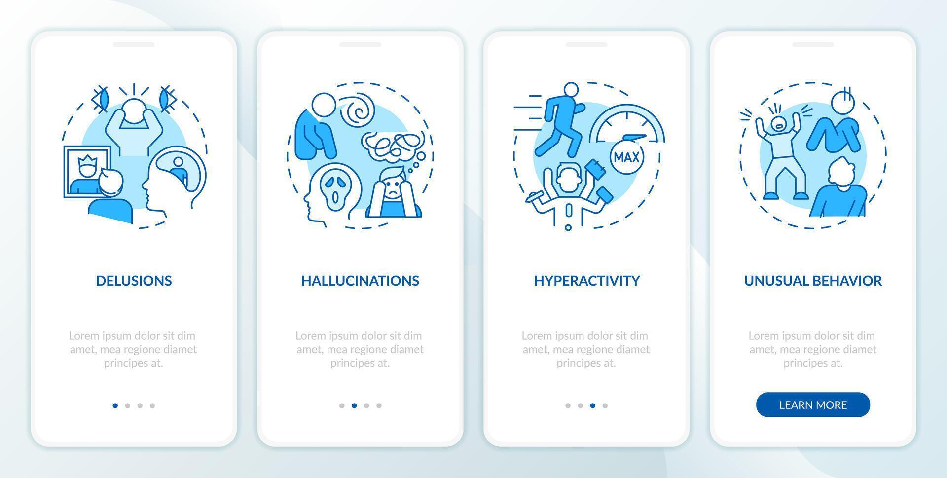 Schizophrenia positive symptoms blue onboarding mobile app screen. Walkthrough 4 steps editable graphic instructions with linear concepts. UI, UX, GUI template vector