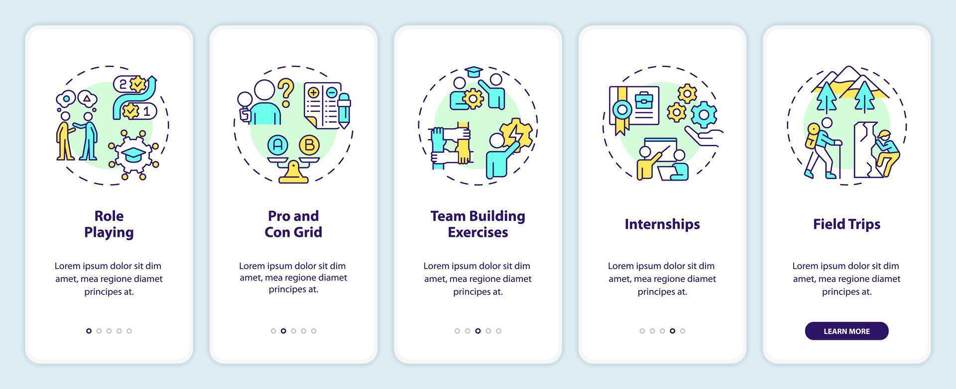 Experiential learning activity onboarding mobile app screen. Education walkthrough 5 steps editable graphic instructions with linear concepts. UI, UX, GUI template vector