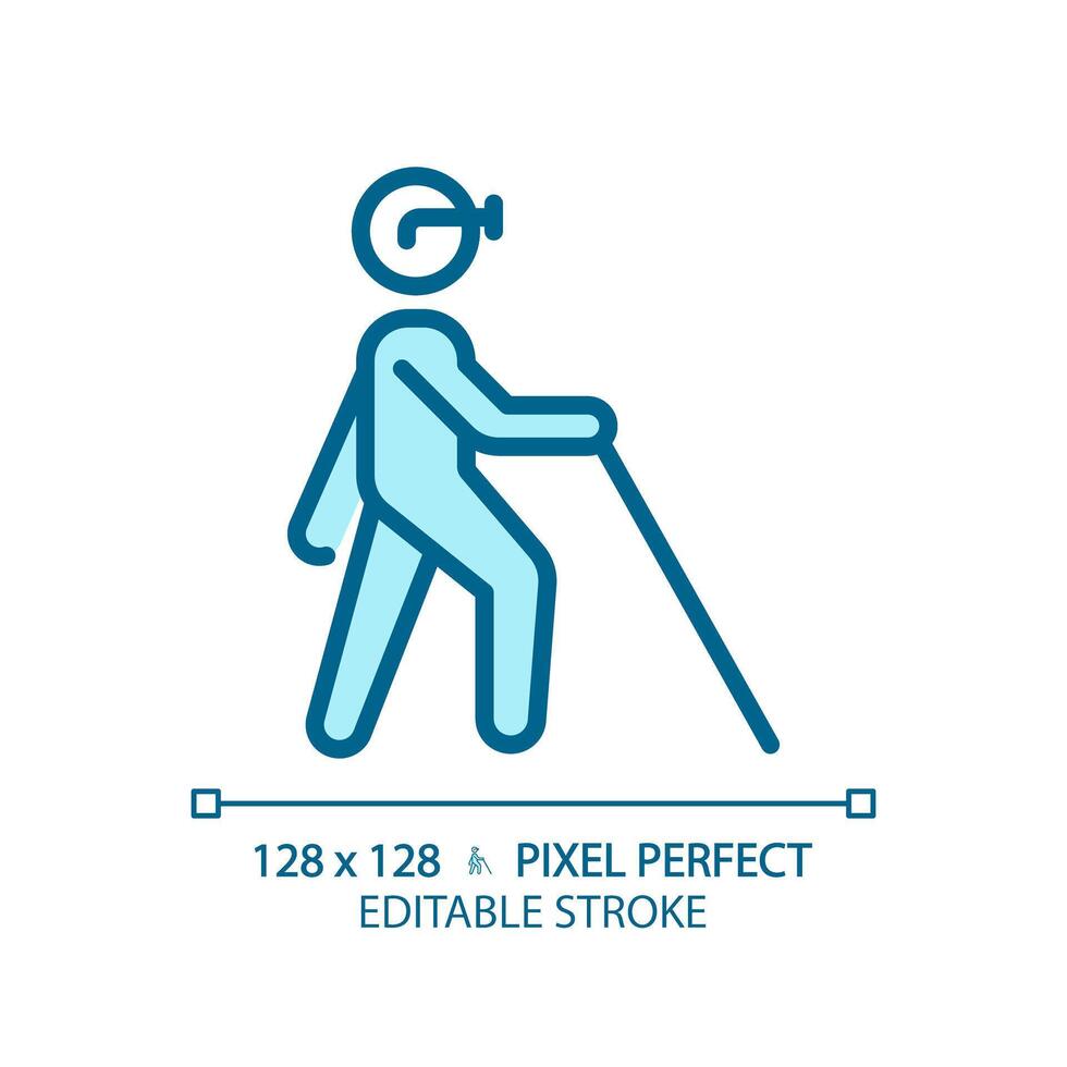 Blind with cane light blue icon. Vision loss, walking stick. Disabled person. Blindness diagnose. RGB color sign. Simple design. Web symbol. Contour line. Flat illustration. Isolated object vector