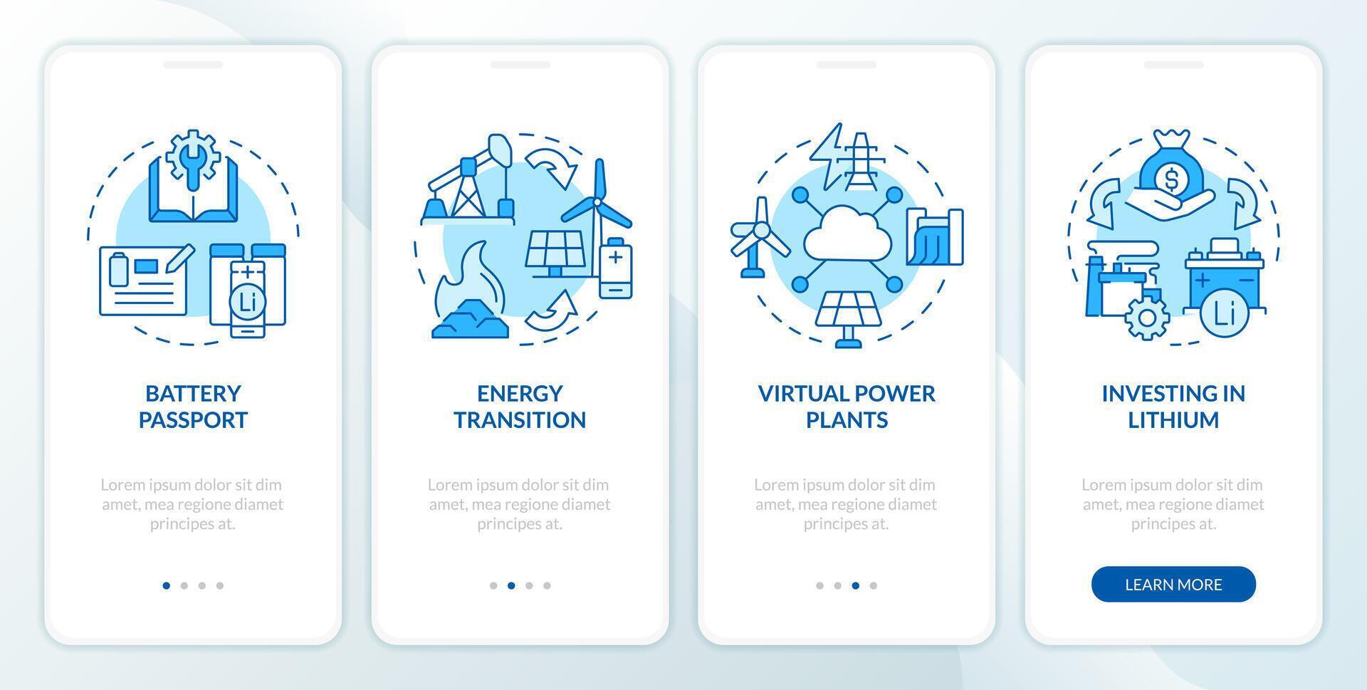 Energy transition revolution blue onboarding mobile app screen. Walkthrough 4 steps editable graphic instructions with linear concepts. UI, UX, GUI template vector