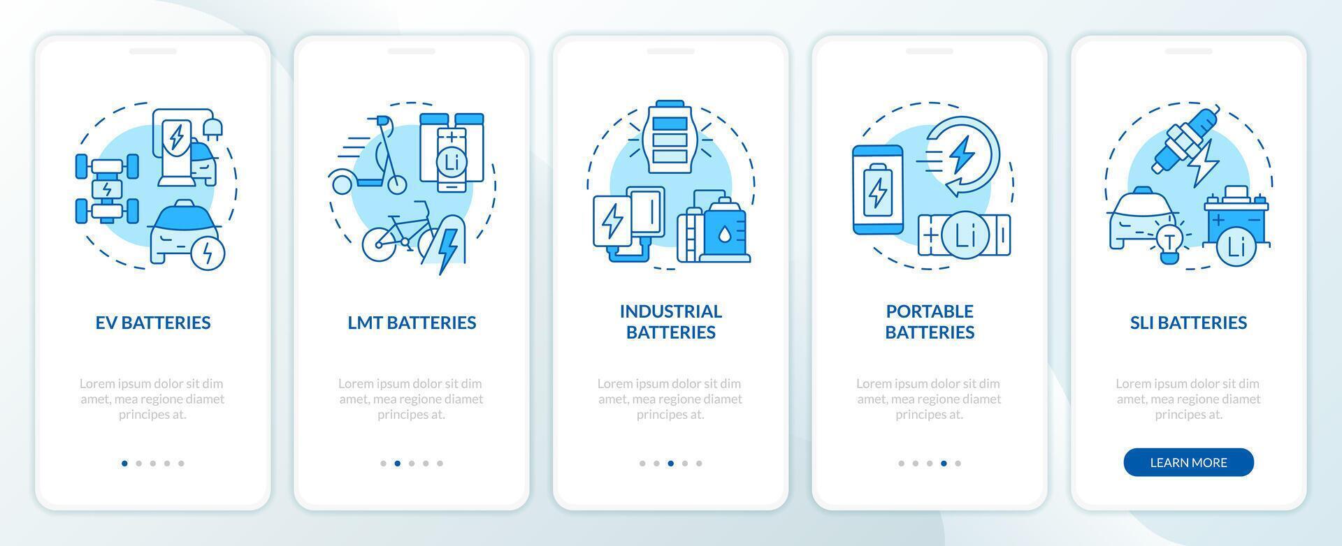 Battery variations blue onboarding mobile app screen. Walkthrough 5 steps editable graphic instructions with linear concepts. UI, UX, GUI template vector