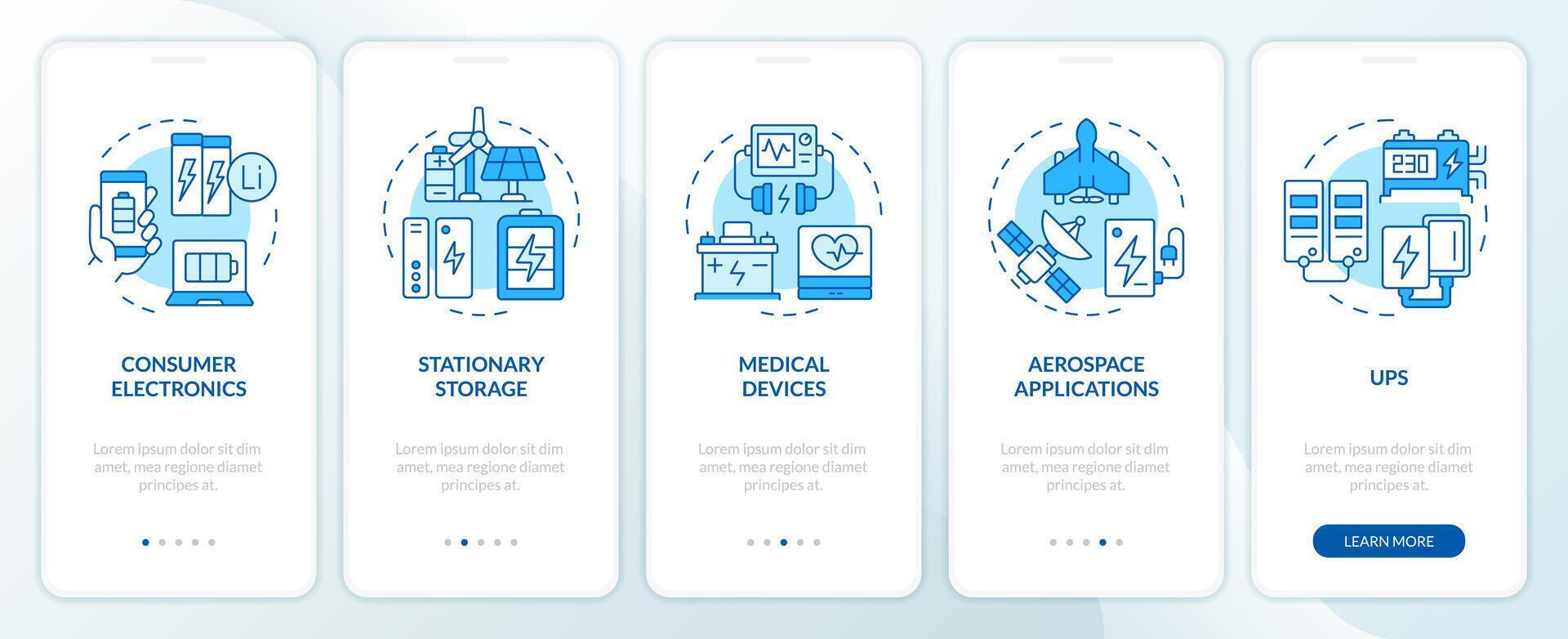 Lithium batteries usability blue onboarding mobile app screen. Walkthrough 5 steps editable graphic instructions with linear concepts. UI, UX, GUI template vector
