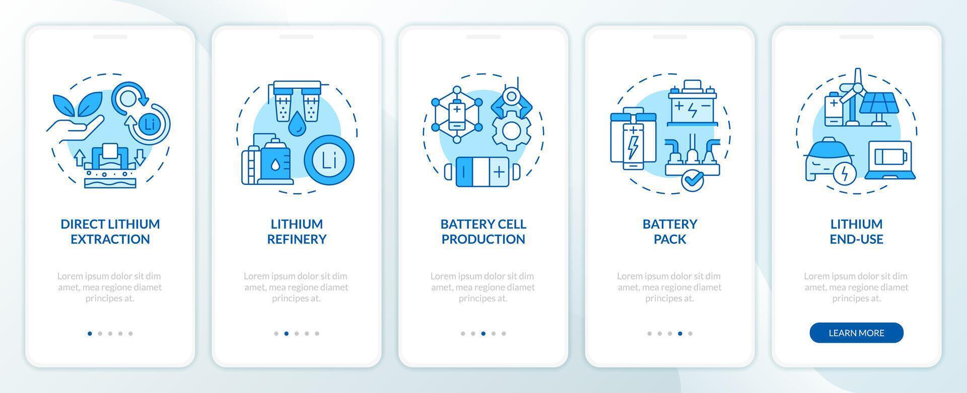 batería célula producción azul inducción móvil aplicación pantalla. recorrido 5 5 pasos editable gráfico instrucciones con lineal conceptos. ui, ux, gui modelo vector