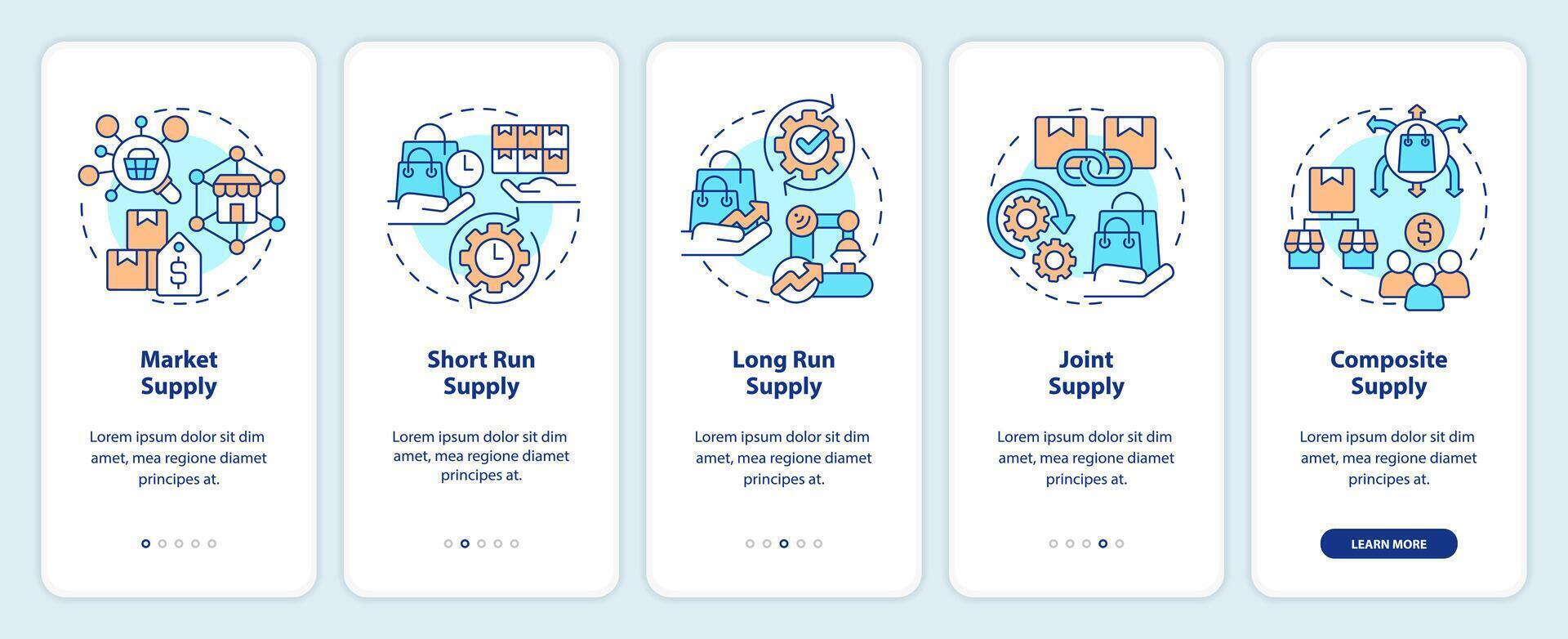 Market economics onboarding mobile app screen. Types of supplies walkthrough 5 steps editable graphic instructions with linear concepts. UI, UX, GUI template vector