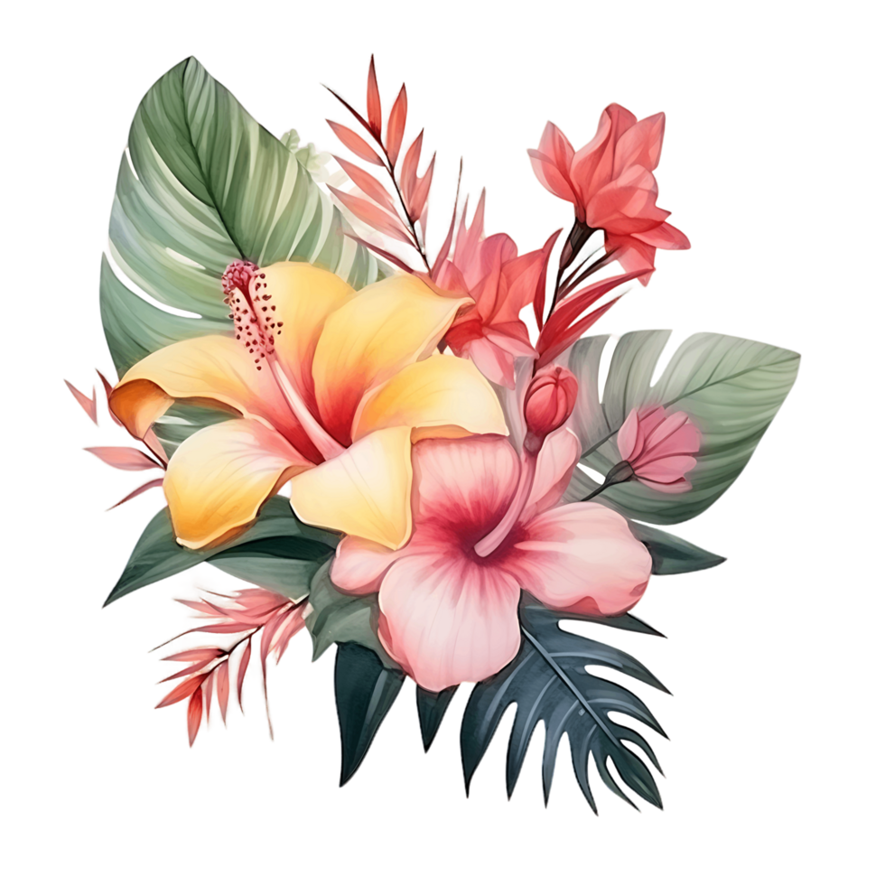 ai generado sereno tropical follaje y floraciones en acuarela png