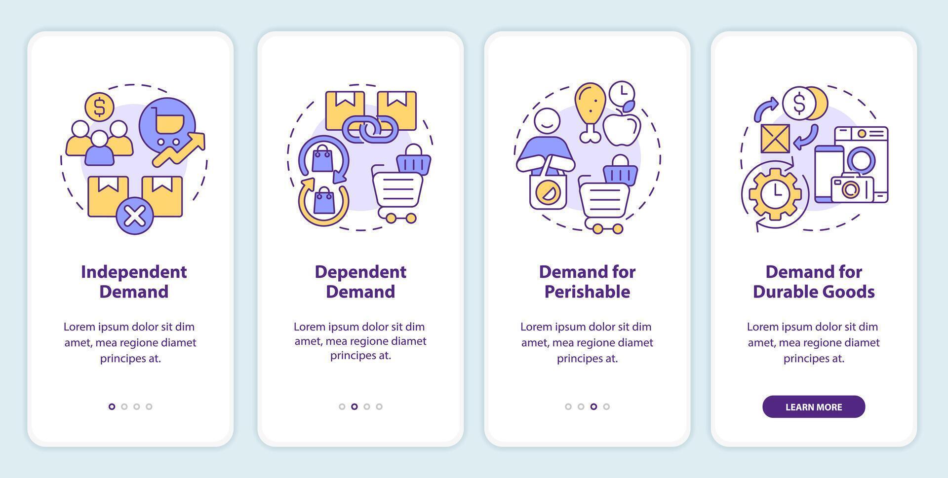 Demands analytics onboarding mobile app screen. Type of demands walkthrough 4 steps editable graphic instructions with linear concepts. UI, UX, GUI template vector