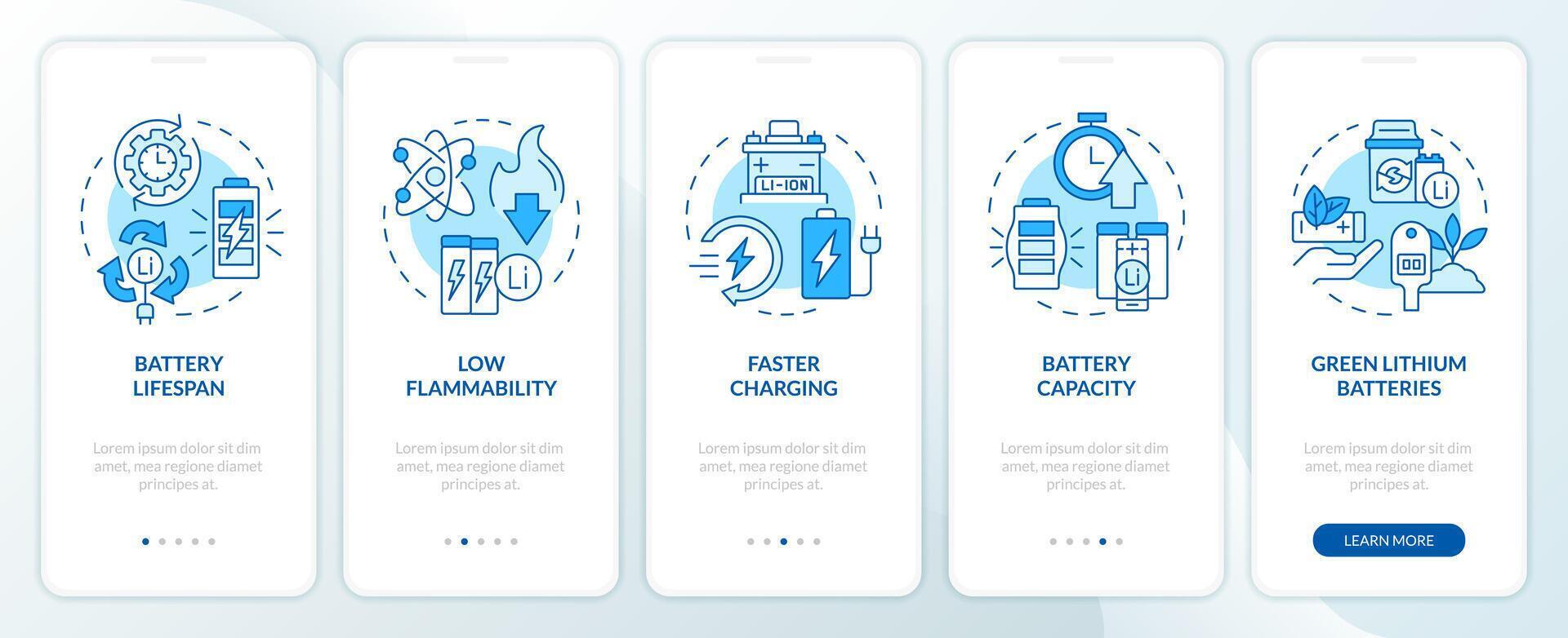 Lithium batteries characteristics blue onboarding mobile app screen. Walkthrough 5 steps editable graphic instructions with linear concepts. UI, UX, GUI template vector