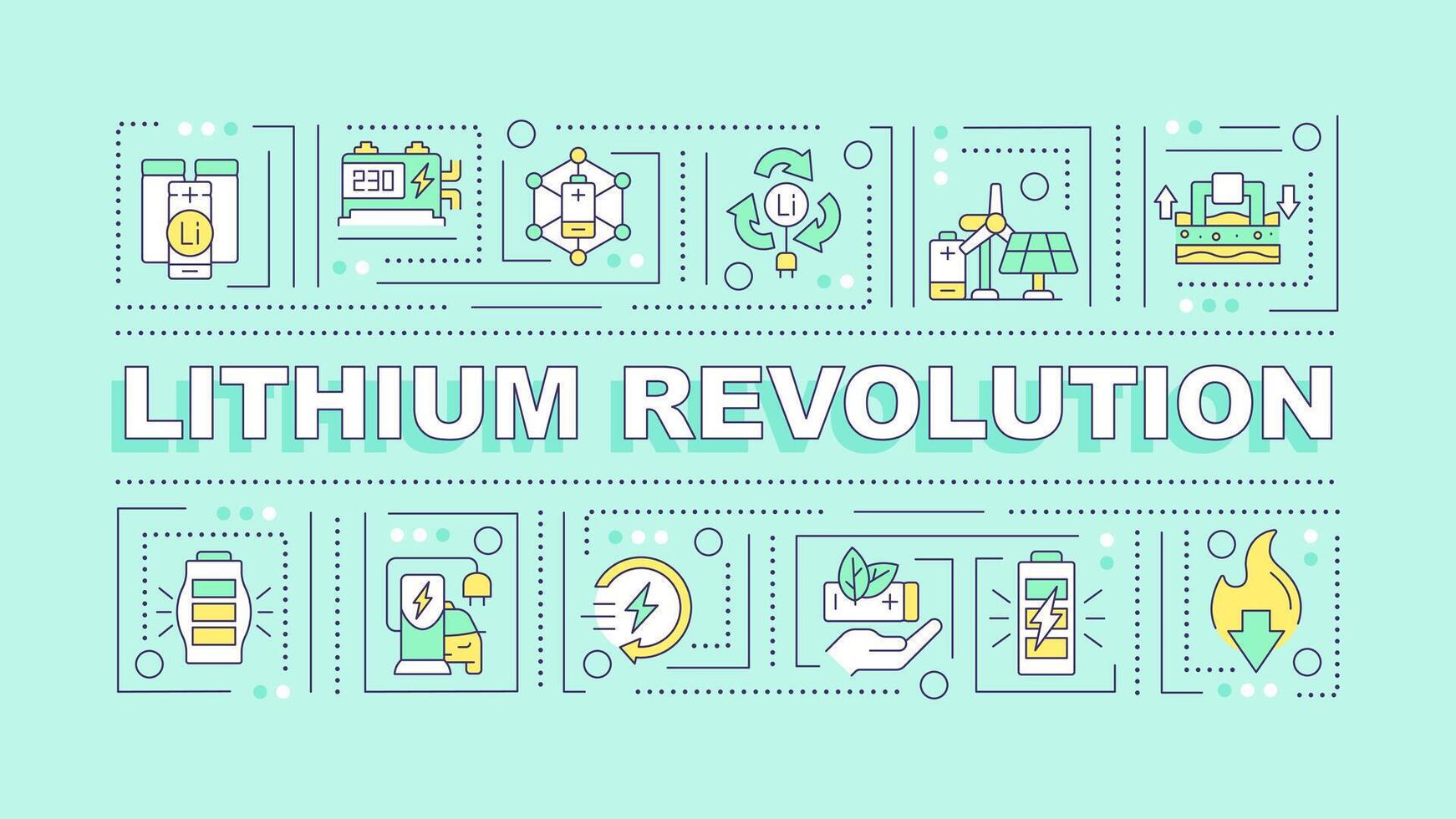 Lithium revolution turquoise word concept. Energy transition efficiency. Typography banner. Flat design. Vector illustration with title text, editable line icons. Ready to use